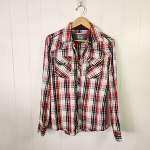Buckle BKE Red Plaid Pearl Snap Long Sleeve Shirt Men's Size Medium Slim Fit